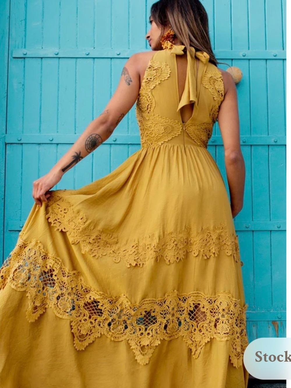 Joyfolie Mustard Yellow Lace Halter Maxi Dress Sz XXS NWT Open Back Boho - Picture 2 of 16